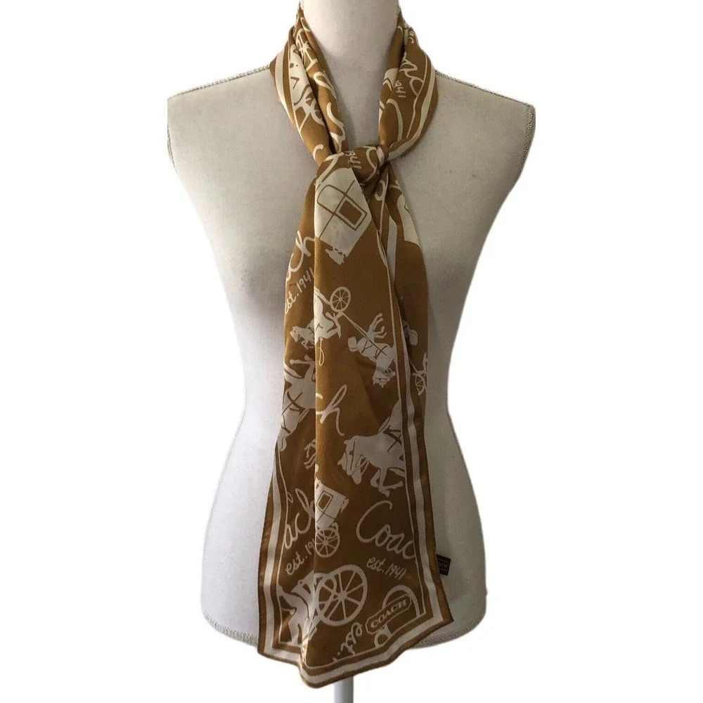 Coach scarf gold carriage pattern 100% silk 27×150 cm Used Japan